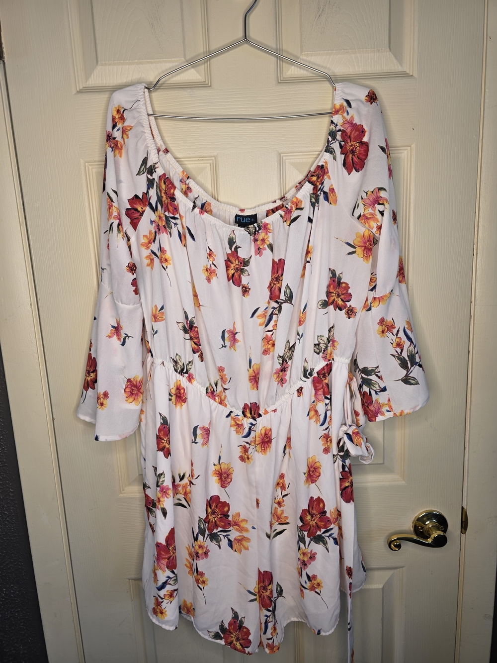 Rue White Floral Mini Dress with Red and Yellow Blooms
